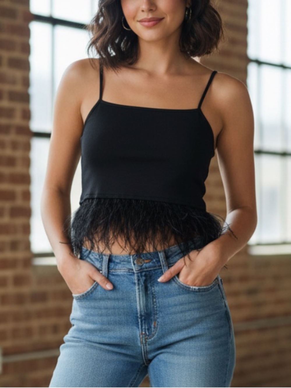 Urban Outfitters Black Cami with Feather Hem